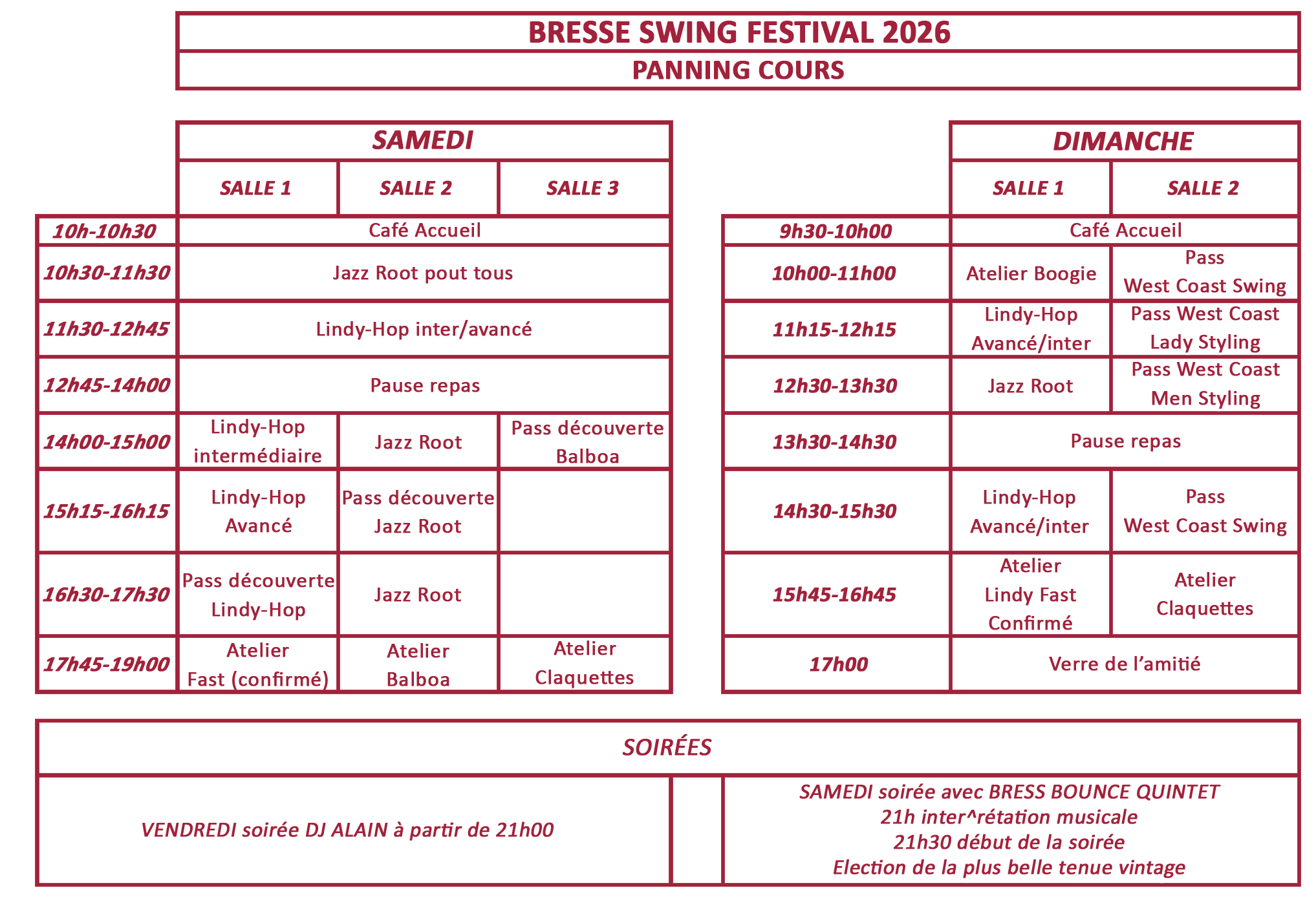 Planning cours Bresse swing festival à Bourg en Bresse